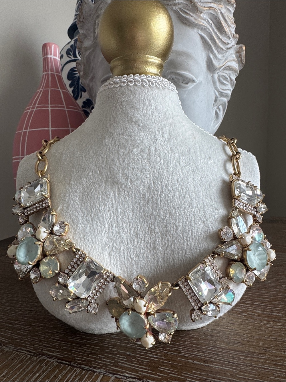 J. Crew Gold Crystal Statement Necklace with Pale Blue Stones